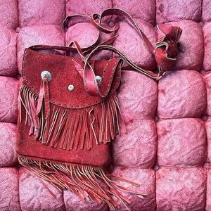 Fringed Red Suede Shoulder Bag